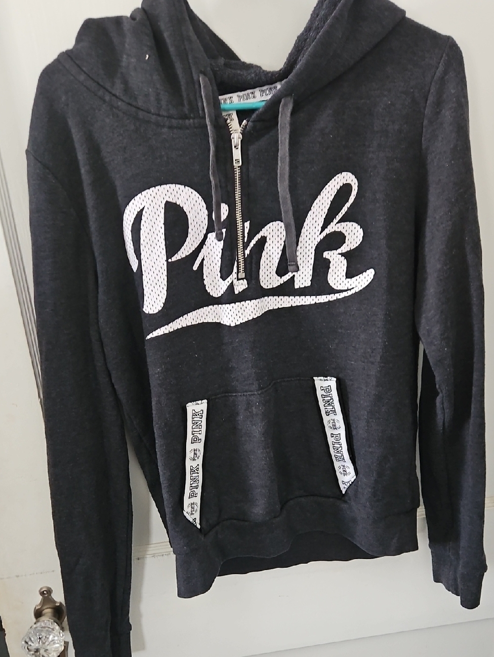 PINK Victoria's Secret Black Hooded Zip-Front Sweater with White Logo